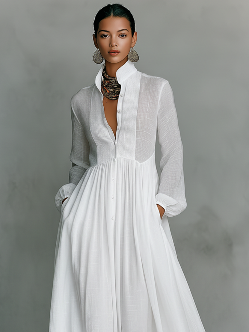 Linnea | Cotton Linen Patchwork Stand Collar Maxi Dress