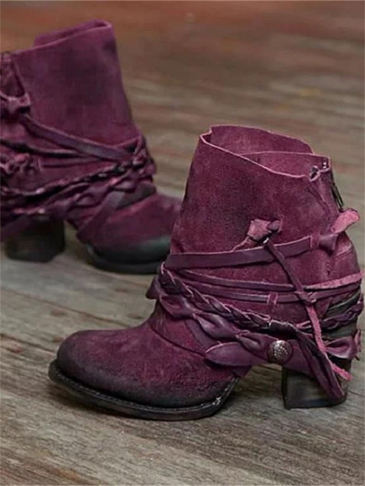 Beverly | Women's Western-Style Lace-Up Ankle Boots with Braided Wrap Detail and Block Heel