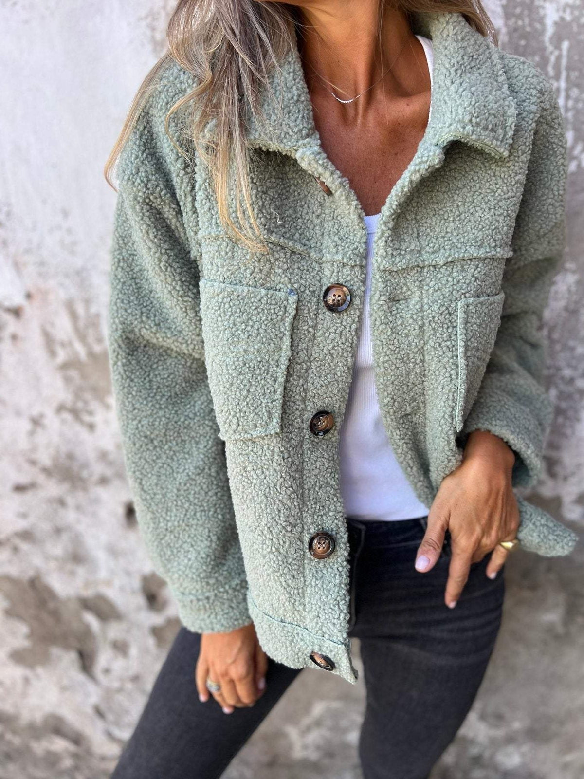 Tammy | Women's Sherpa-Look Button-Front Jacket with Collar and Chest Pockets