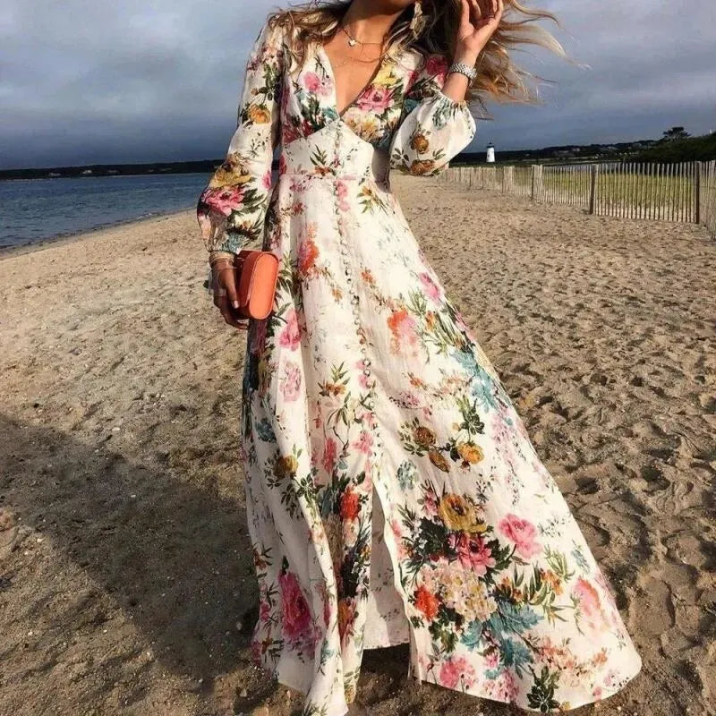 Women's Floral Print V Neck Long Sleeve Maxi Dress