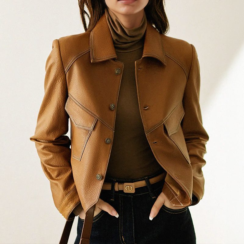 Gloria | Women's Cropped Leather-Look Jacket with Button Front and Chest Flap Pockets