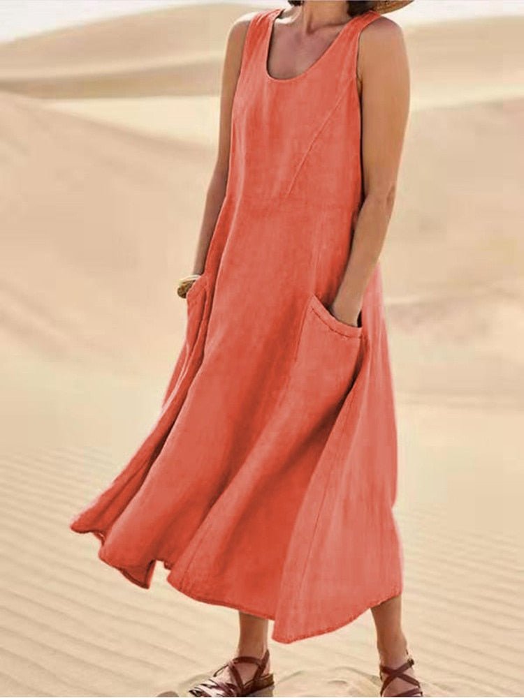 Women's Casual Sleeveless Maxi Dress Scoop Neck Pockets