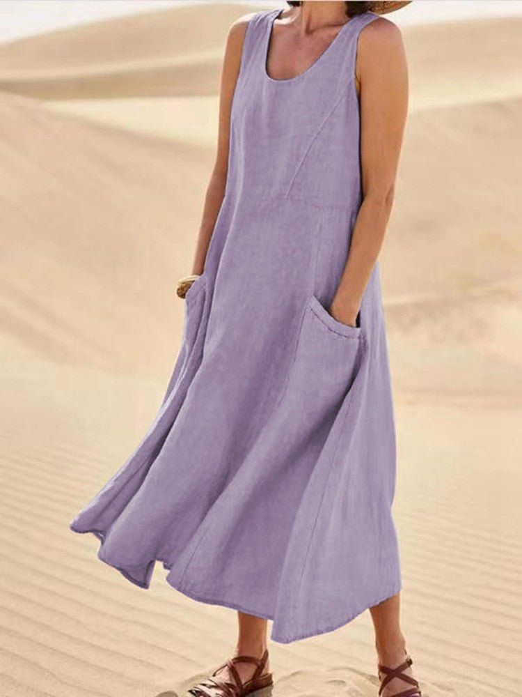 Women's Casual Sleeveless Maxi Dress Scoop Neck Pockets