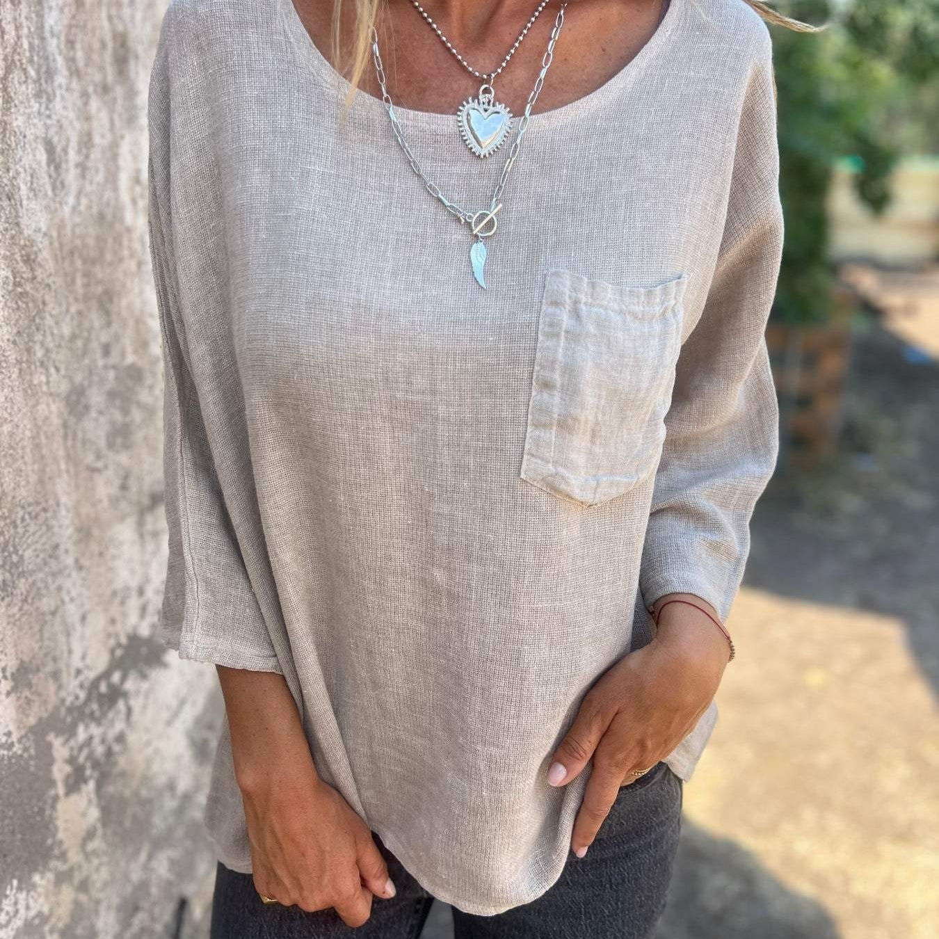 Women's Round Neck 3/4 Sleeve Loose Fit Top