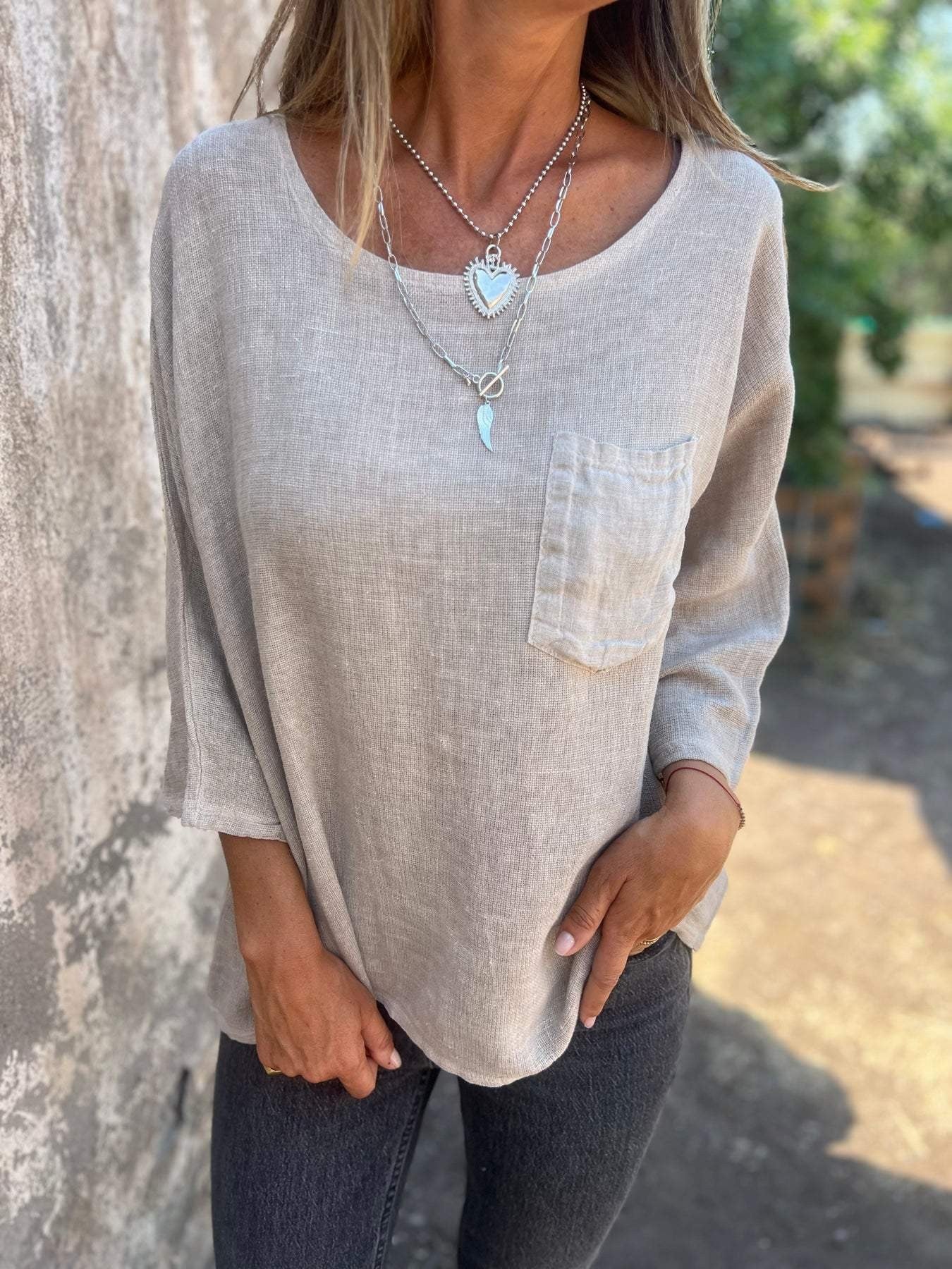 Women's Round Neck 3/4 Sleeve Loose Fit Top