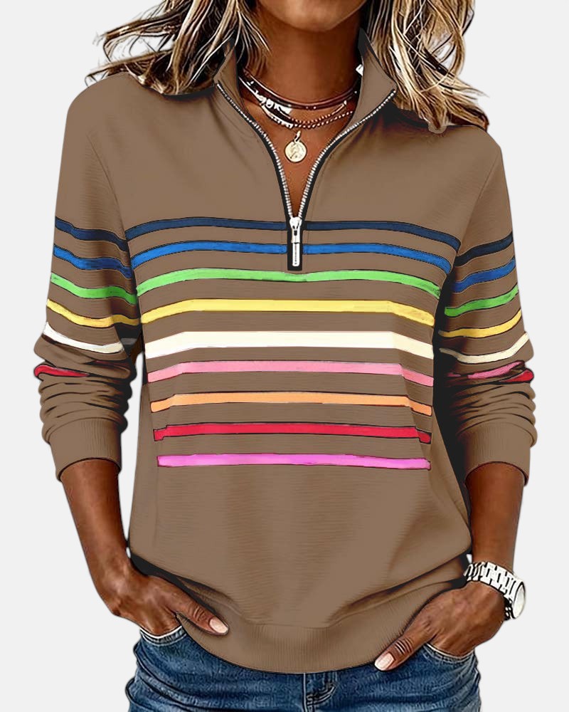 Diane | Women's Striped Half-Zip Sweatshirt with Stand Collar and Long Sleeves
