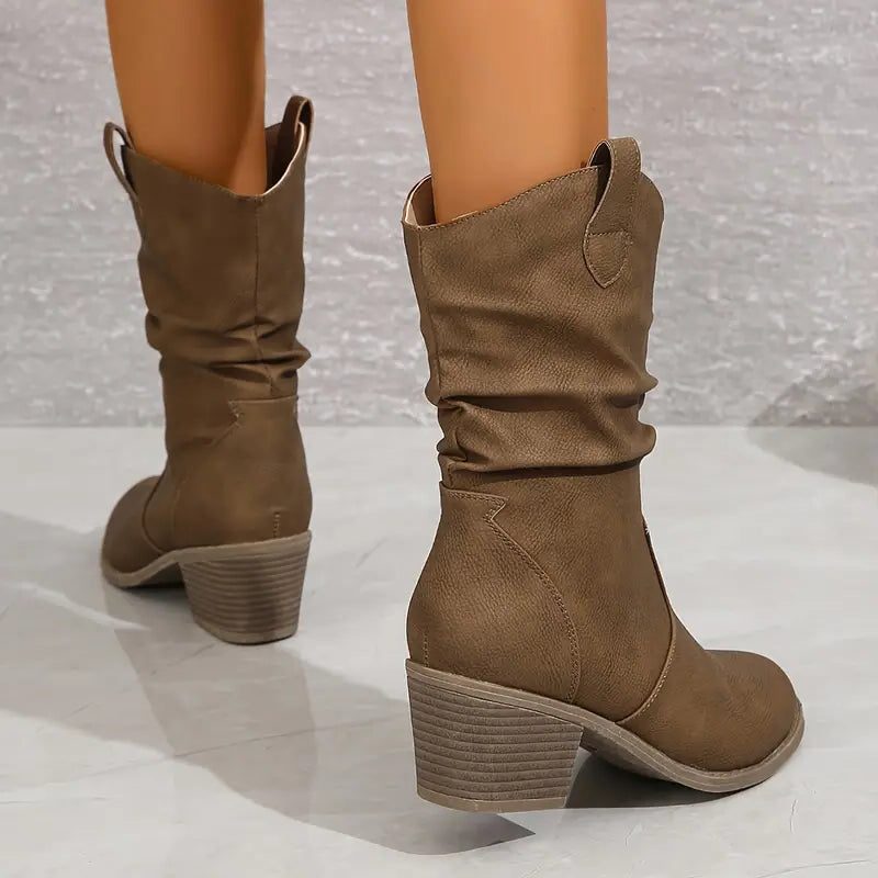Brenda | Women's Slouchy Mid-Calf Boots with Block Heel and Ruched Shaft