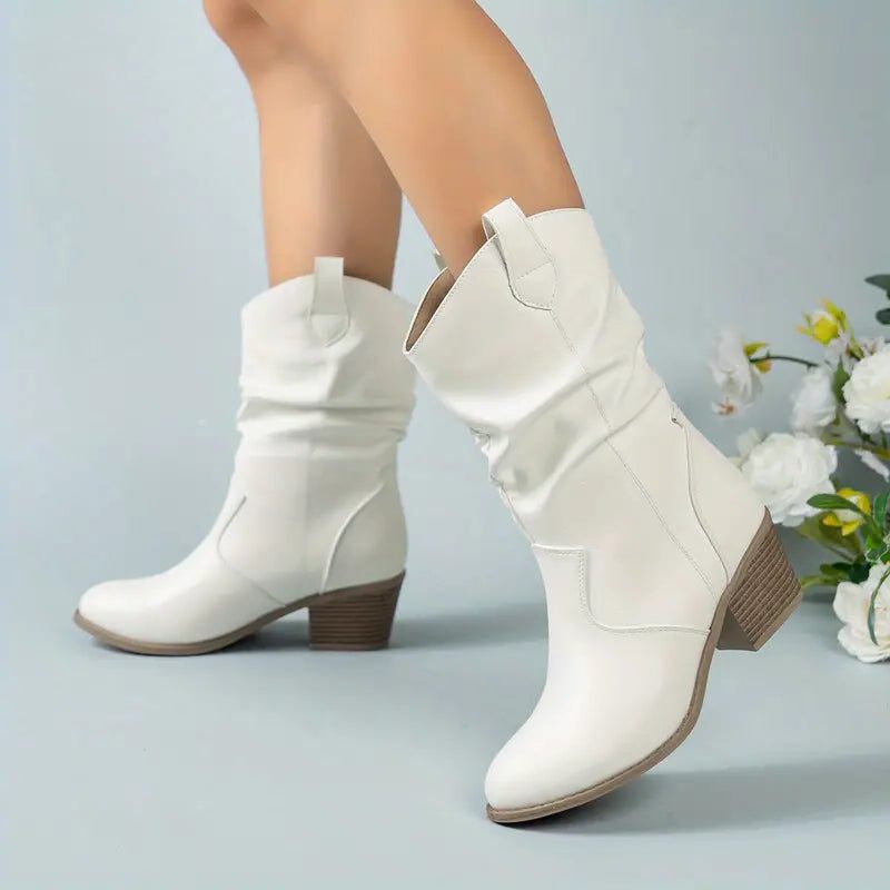 Brenda | Women's Slouchy Mid-Calf Boots with Block Heel and Ruched Shaft