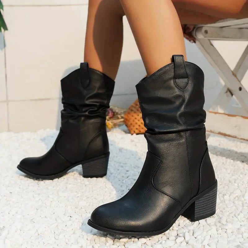 Brenda | Women's Slouchy Mid-Calf Boots with Block Heel and Ruched Shaft