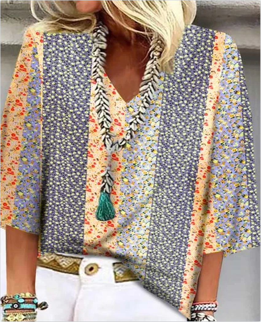 Women's Ditsy Floral Patchwork V Neck 3/4 Sleeve Top