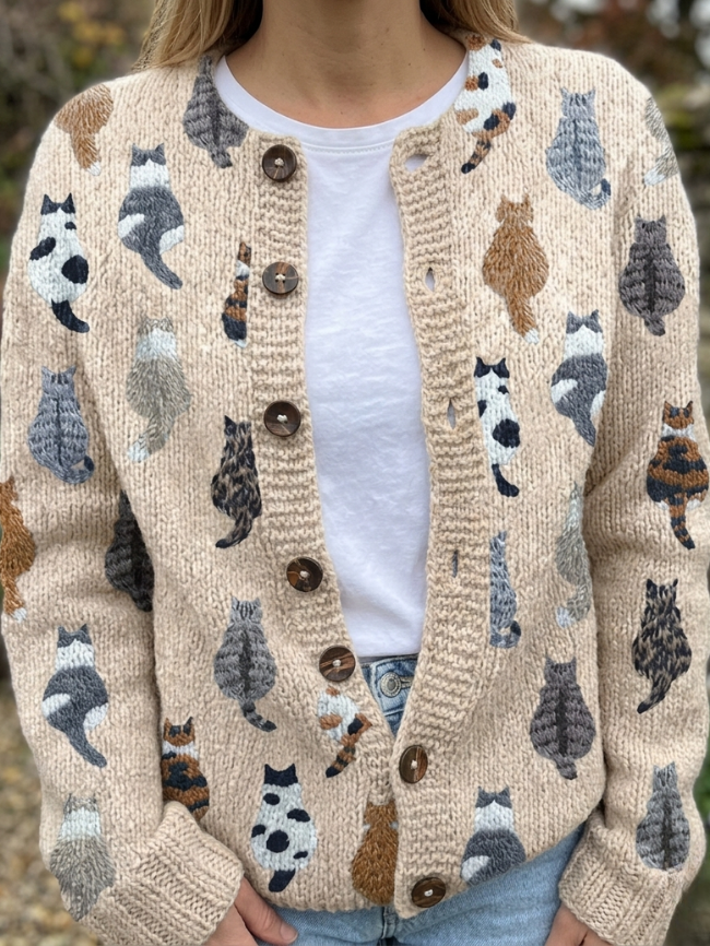 Women's Cat-Pattern Relaxed Button Cardigan