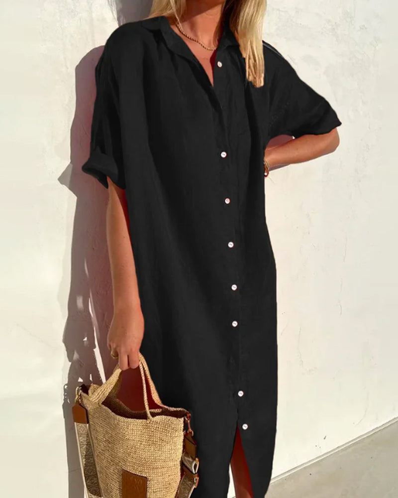 Women's Short Sleeve Button Front Midi Shirt Dress