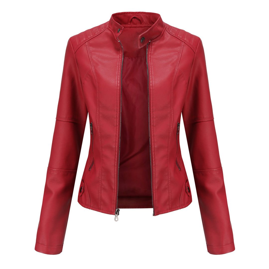Kelly | Women's Fitted Leather-Look Moto Jacket with Zip Front and Stand Collar