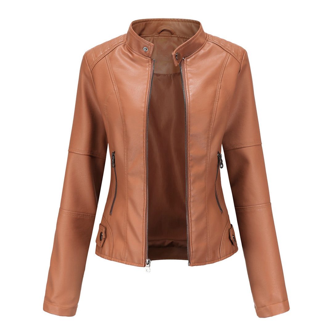 Kelly | Women's Fitted Leather-Look Moto Jacket with Zip Front and Stand Collar