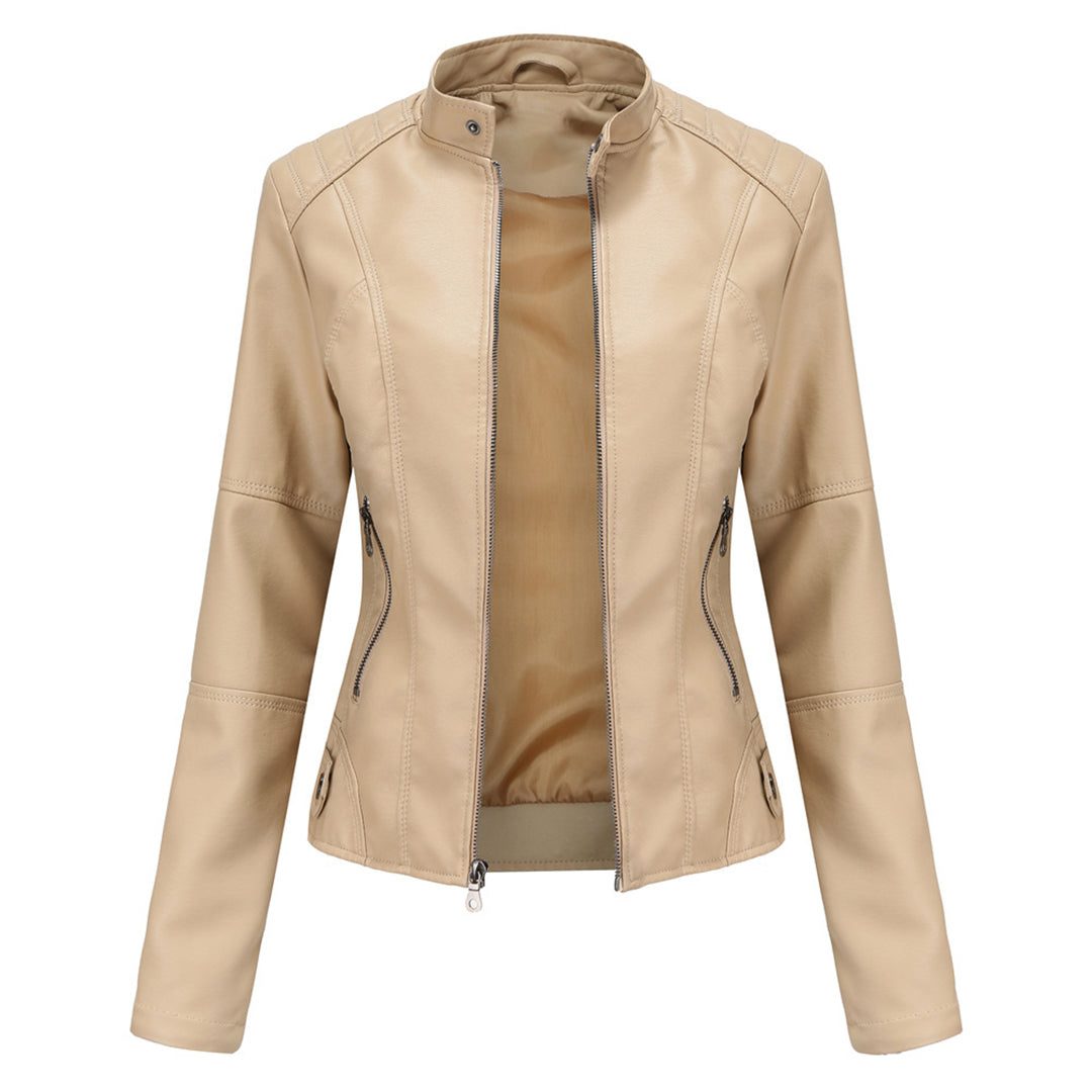 Kelly | Women's Fitted Leather-Look Moto Jacket with Zip Front and Stand Collar