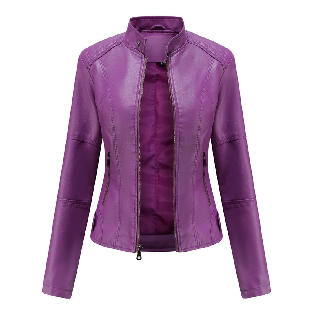 Kelly | Women's Fitted Leather-Look Moto Jacket with Zip Front and Stand Collar