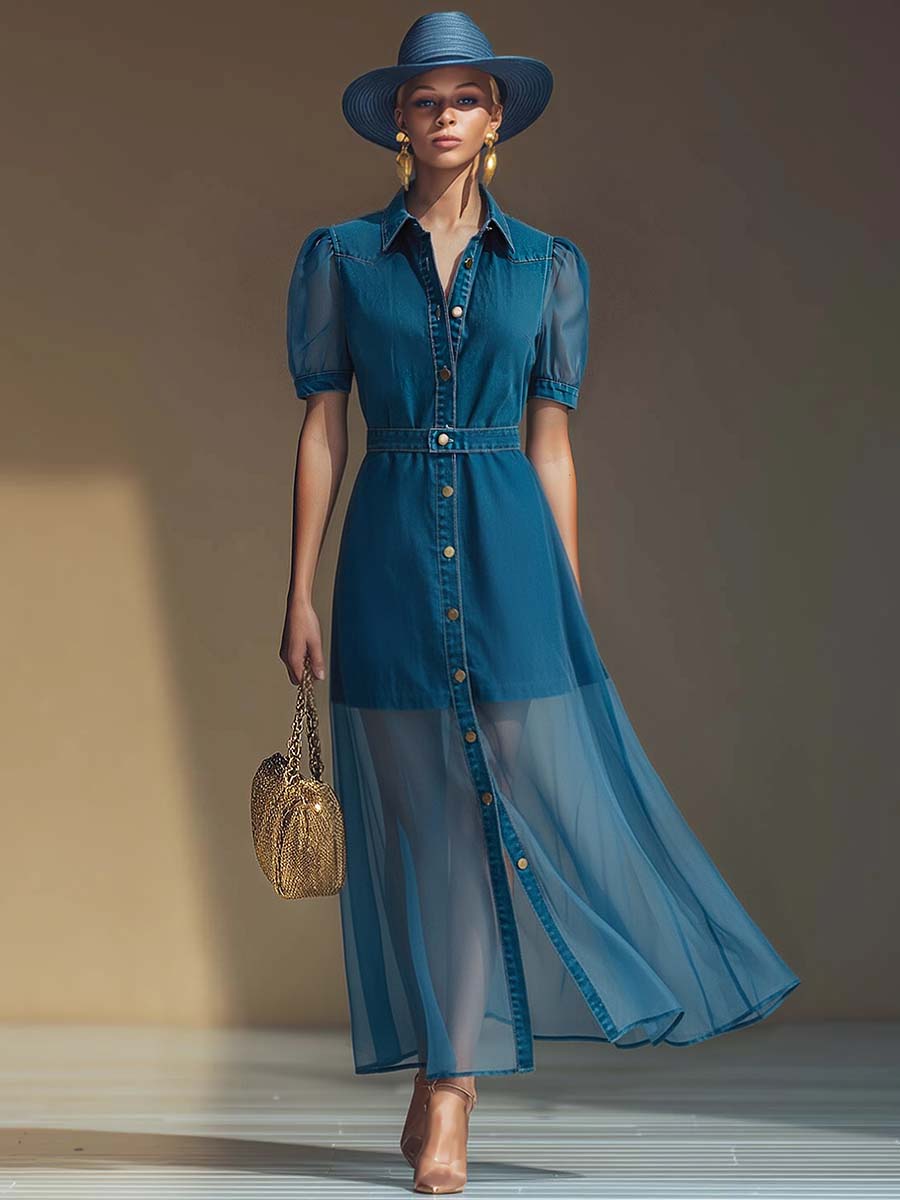 Women's Button Front V Neck Maxi Dress