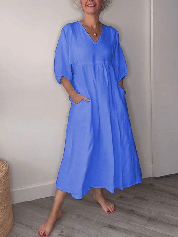 Women's V Neck Ruched Fit Draped Midi Dress With Pockets