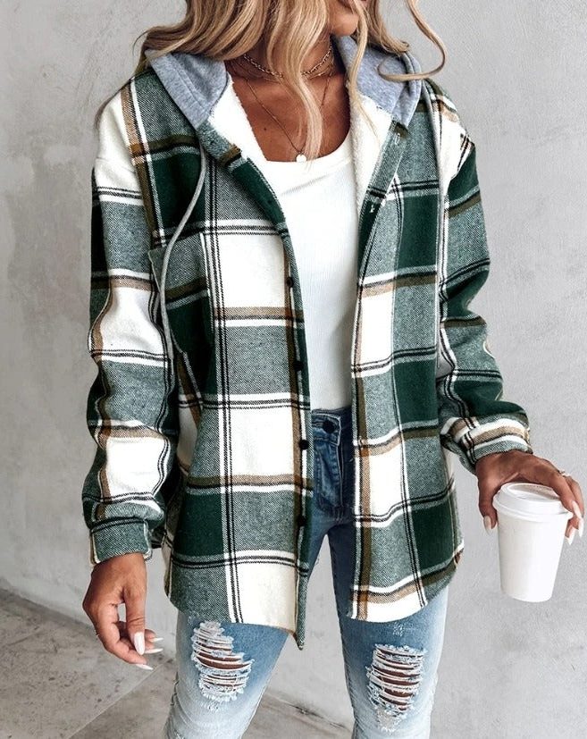 Jennifer | Women's Oversized Plaid Shirt Jacket with Hood