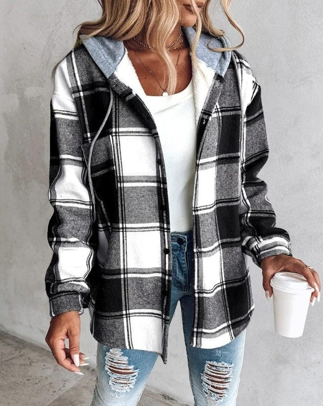 Jennifer | Women's Oversized Plaid Shirt Jacket with Hood