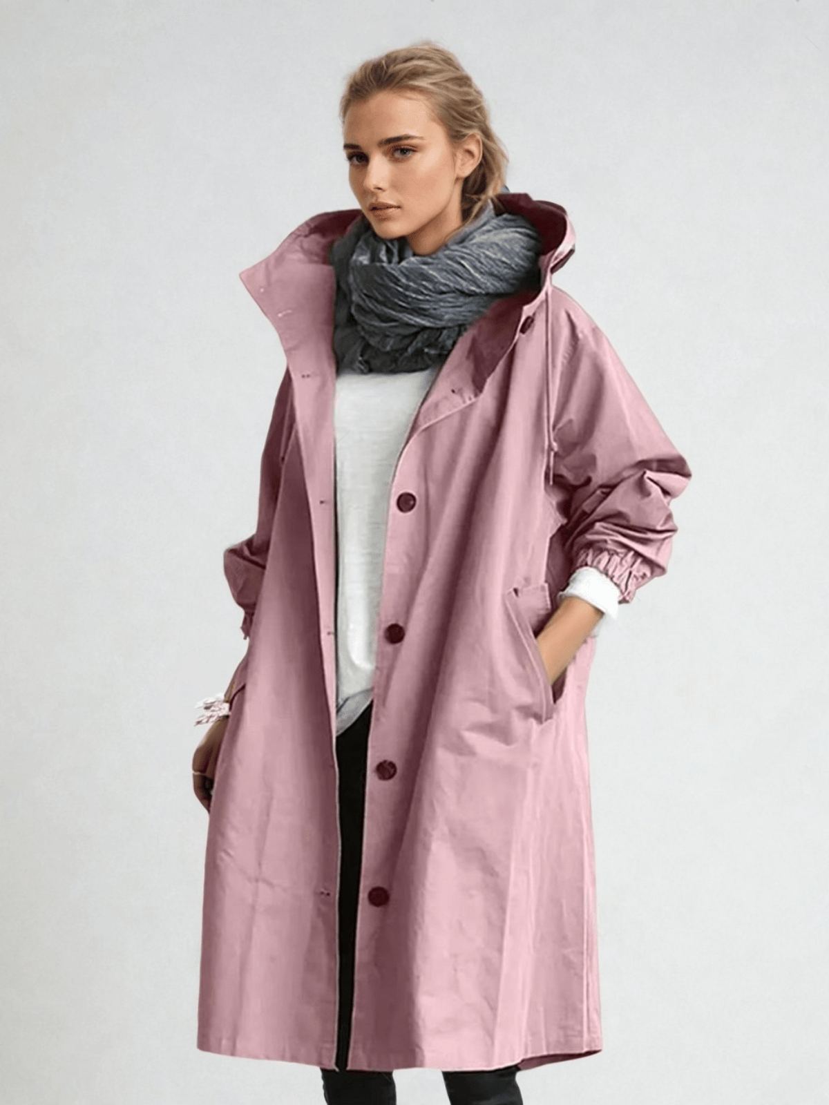 Janet | Women's Oversized Hooded Trench Coat with Button Front and Pockets