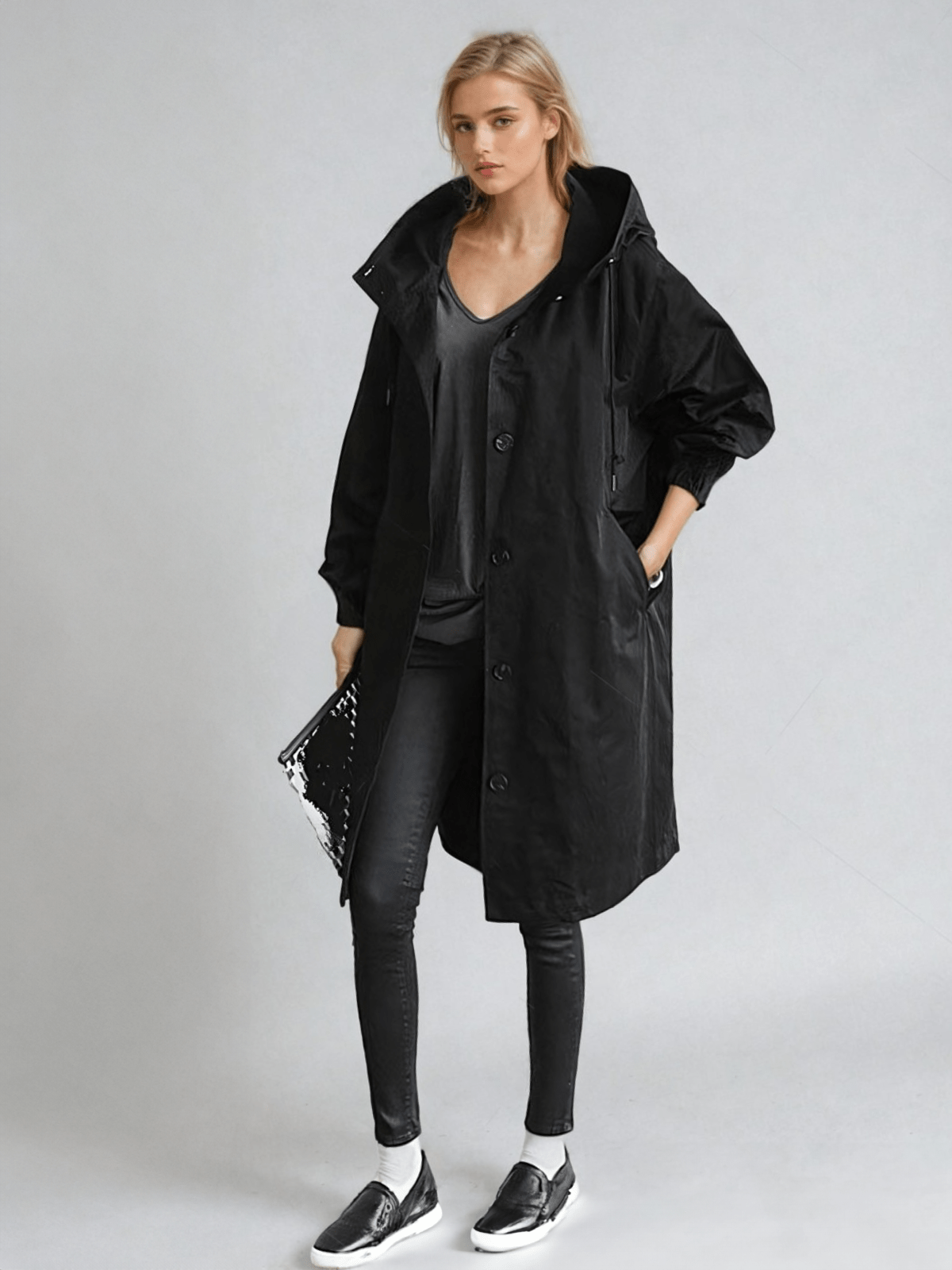 Janet | Women's Oversized Hooded Trench Coat with Button Front and Pockets