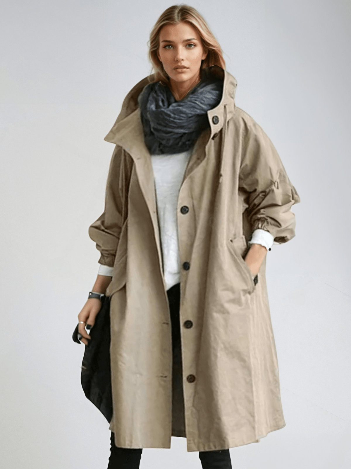 Janet | Women's Oversized Hooded Trench Coat with Button Front and Pockets
