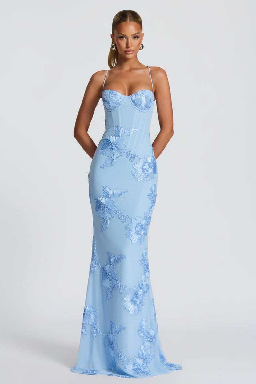 Celestine | Blue Mesh Floral Appliqué Corset Maxi Dress