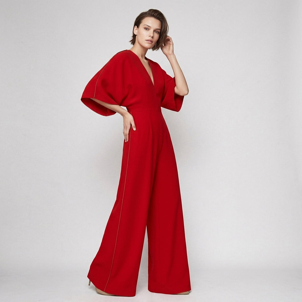 Corinne | Women's V-Neck Wide-Leg Jumpsuit with Flowing Sleeves