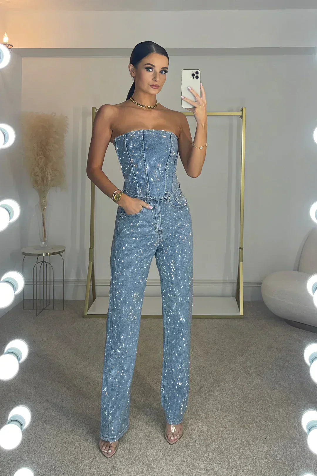 Vivienne | Women's Strapless Sequin Wide-Leg Jumpsuit