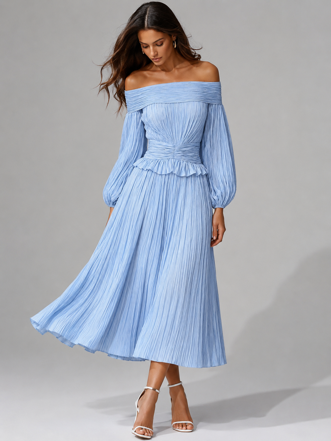 Women's off-shoulder pleated midi dress back view