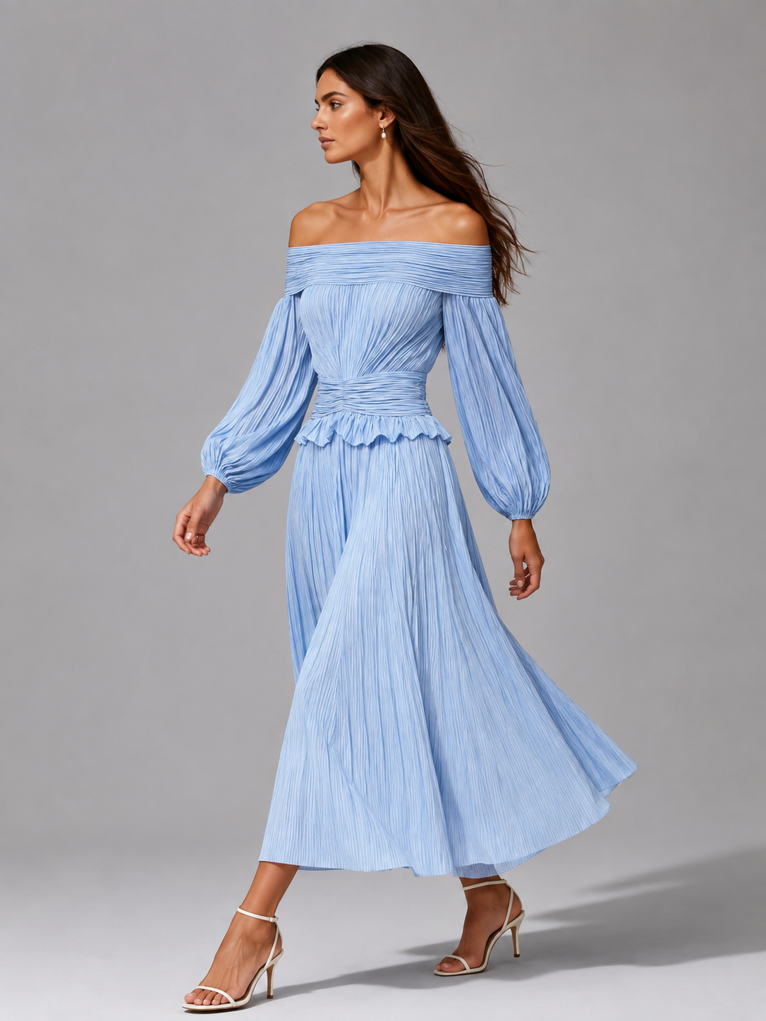 Women's off-shoulder pleated midi dress side detail