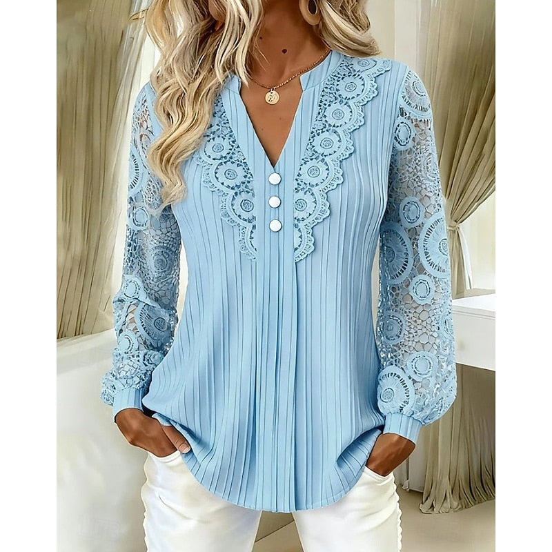 Women's V-Neck Lace-Detail Long-Sleeve Blouse