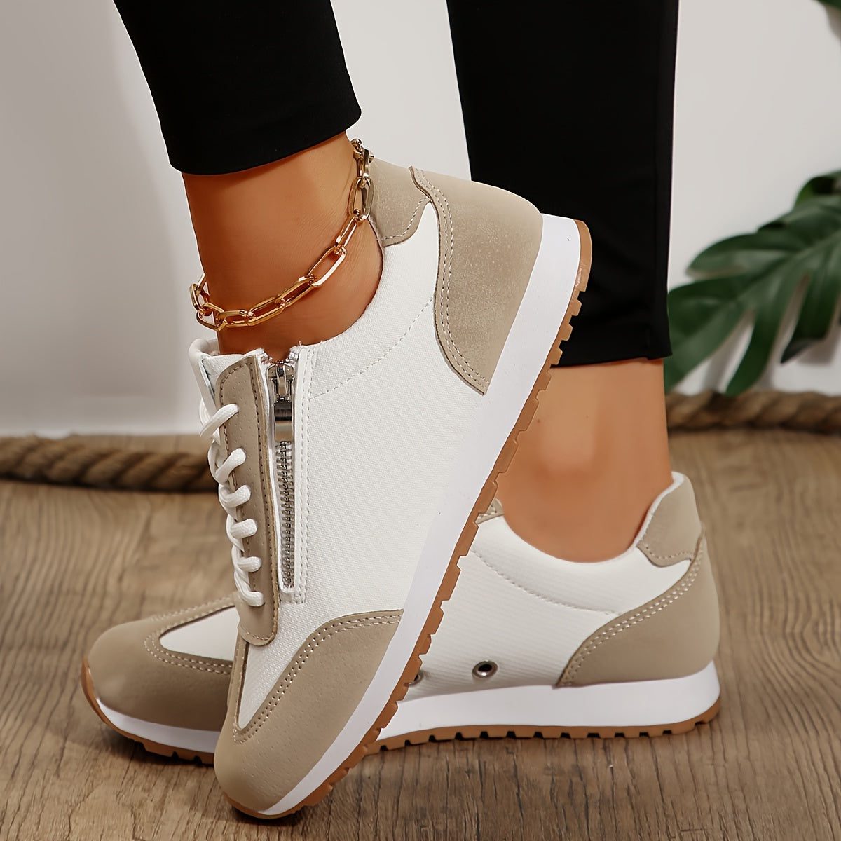 Gail | Women's Retro Lace-Up Sneakers with Side Zip and Contrast Suede-Look Panels