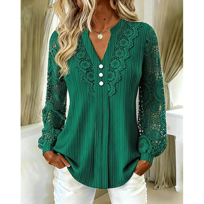 Women's V-Neck Lace-Detail Long-Sleeve Blouse