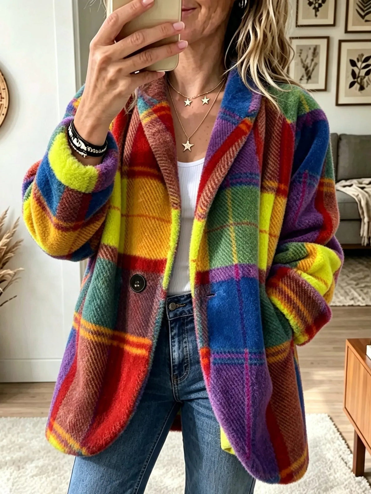 Theresa | Women's Plaid Long Cardigan Blazer with Button Front