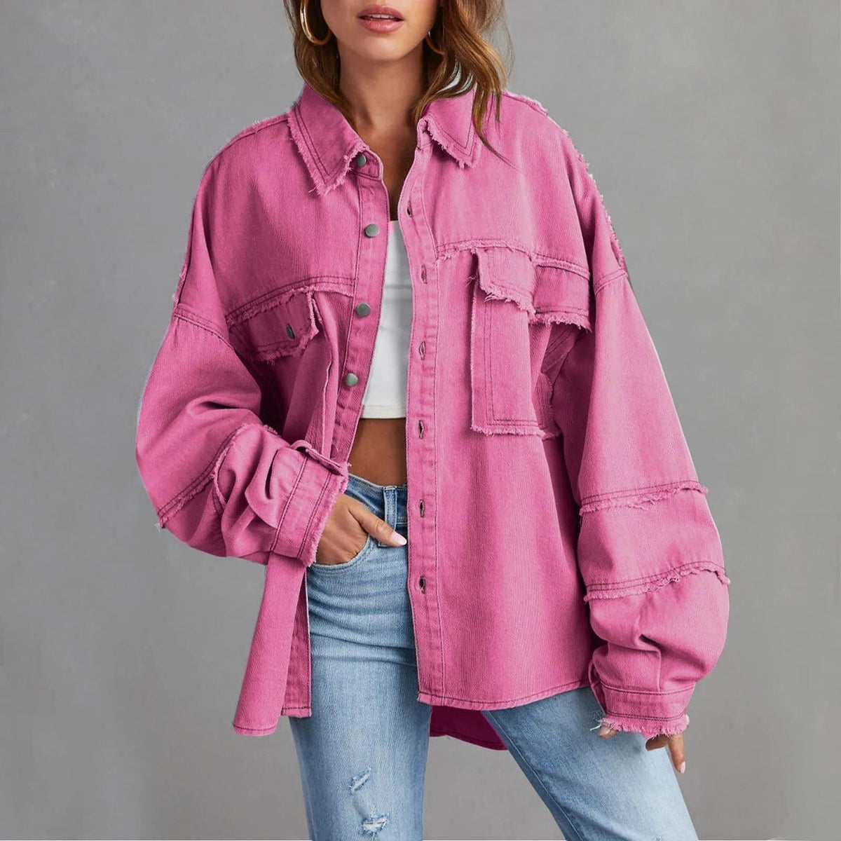 Jacqueline | Women's Oversized Denim-Look Shirt Jacket with Chest Pockets and Frayed Hem
