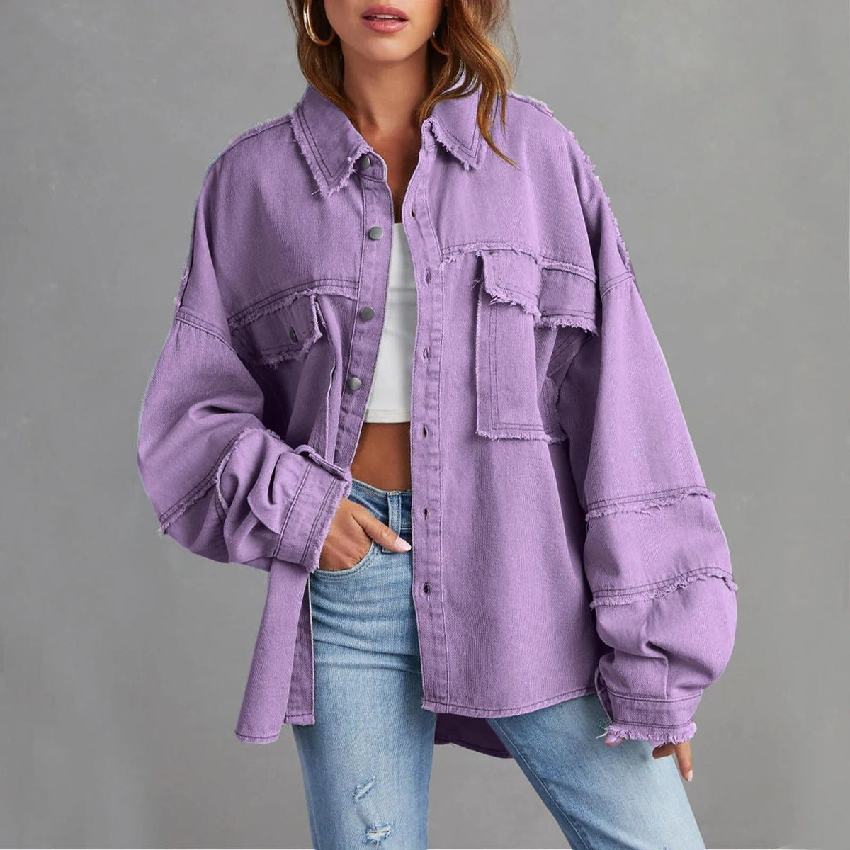 Jacqueline | Women's Oversized Denim-Look Shirt Jacket with Chest Pockets and Frayed Hem