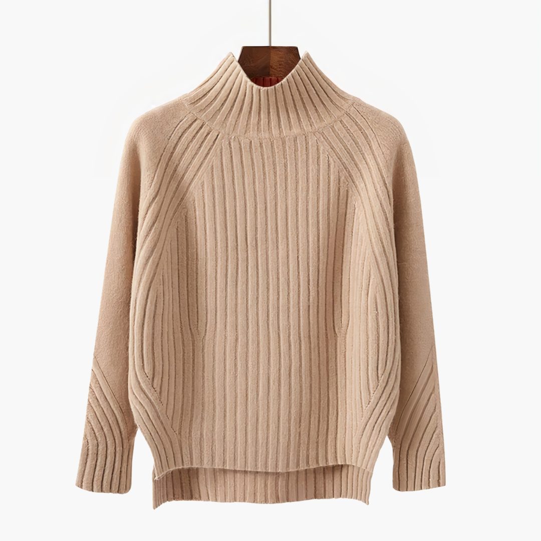 Marilyn | Women's Ribbed Knit Mock Neck Sweater with Side Slits and High-Low Hem