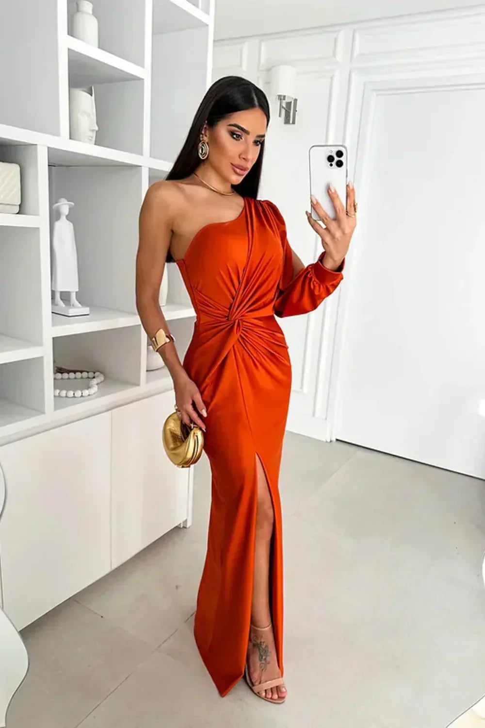 Women's One-Shoulder Draped Maxi Evening Dress