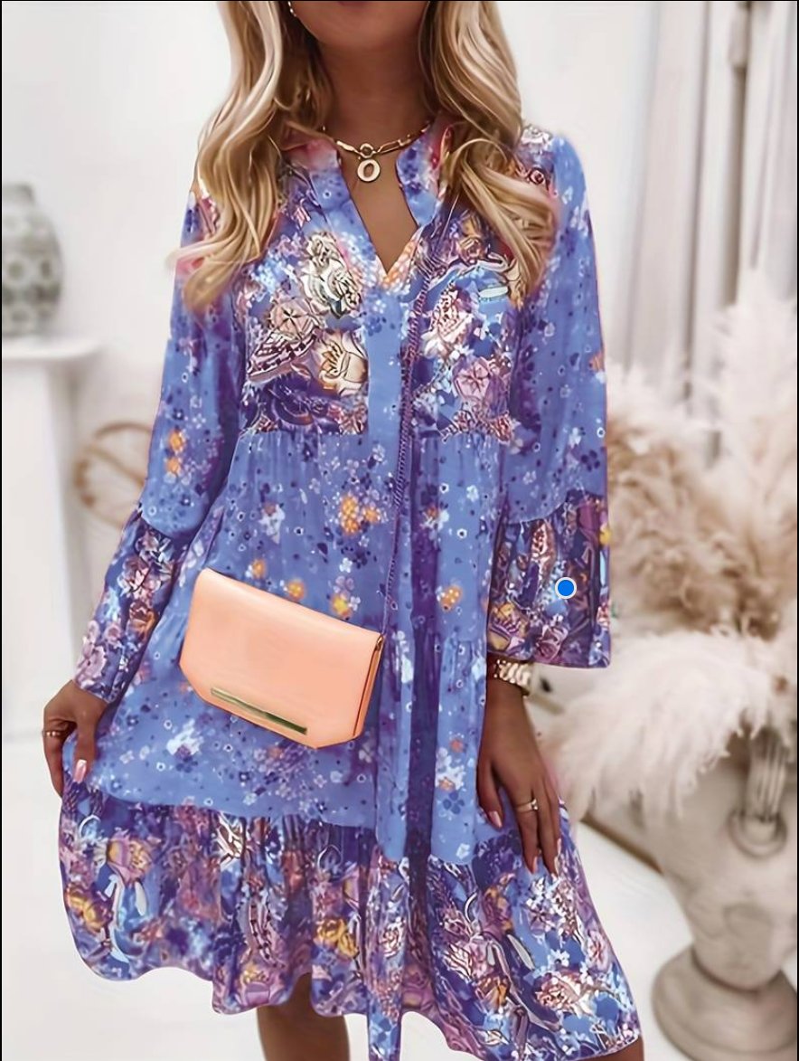 Women's Floral V Neck Long Sleeve Tiered Midi Dress