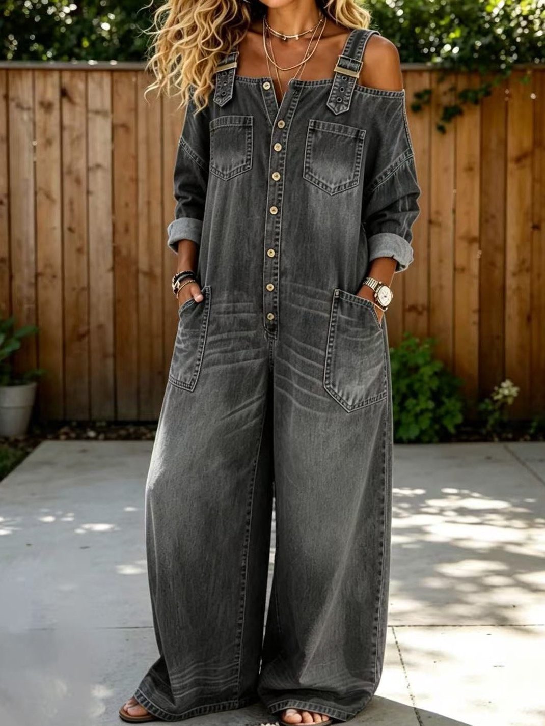 Denise | Women's Denim-Look Wide-Leg Jumpsuit with Cold Shoulder and Button Front