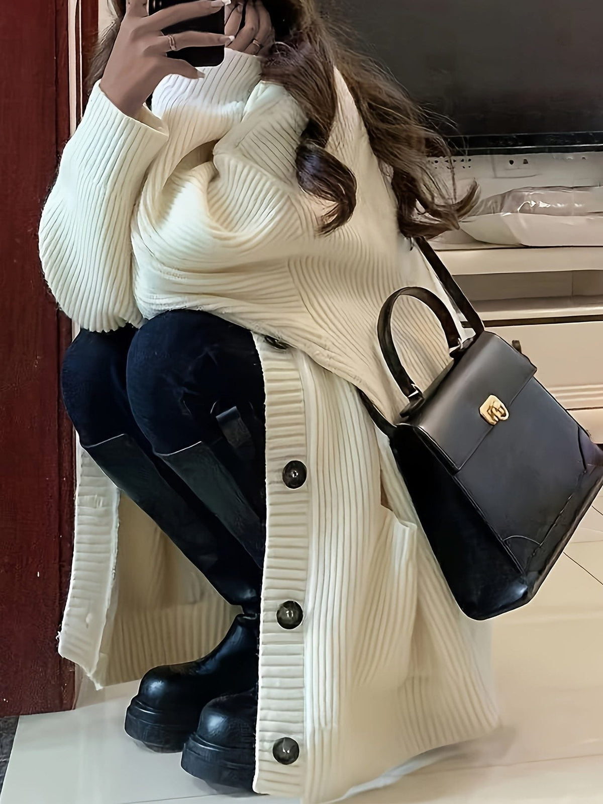 Oversized chunky-knit button-front cardigan, source view 6