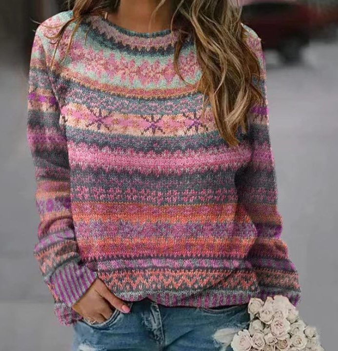 Women’s Relaxed Fair Isle Stripe Crew-Neck Sweater, source view 7