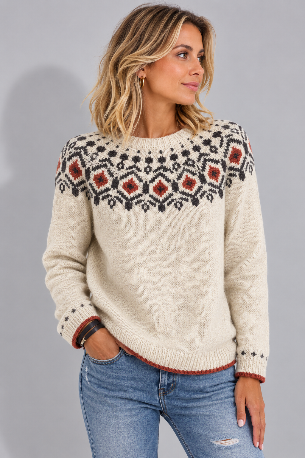 Women’s Fair Isle Yoke Pullover Sweater with Ribbed Trim, source view 1