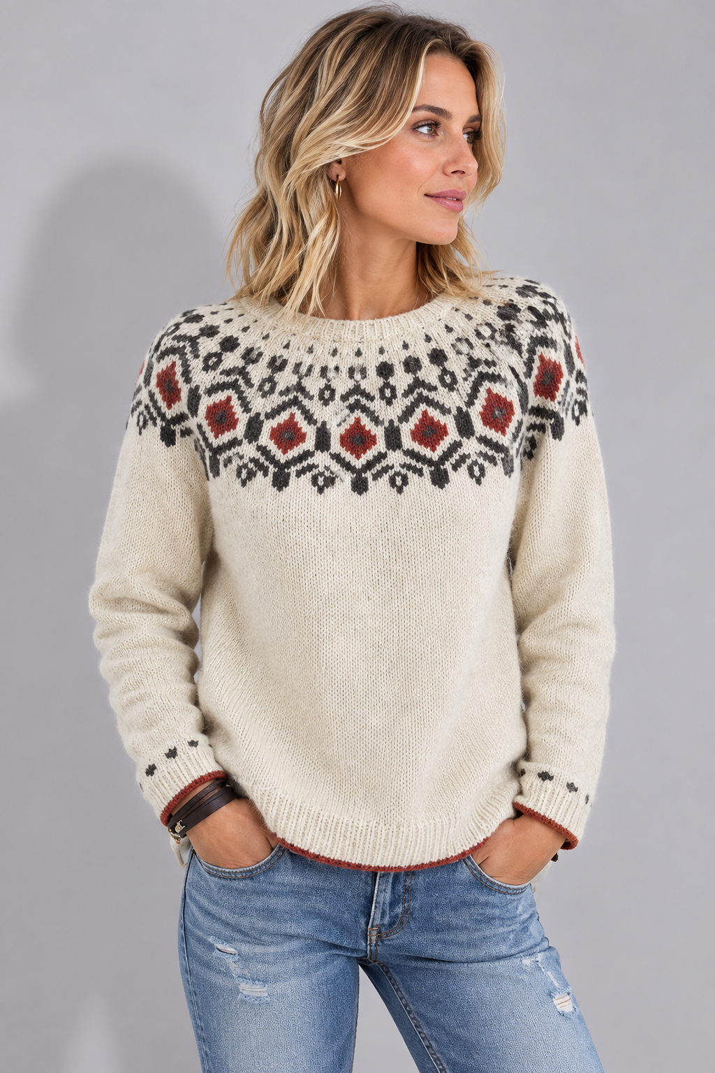 Women’s Fair Isle Yoke Pullover Sweater with Ribbed Trim, source view 4