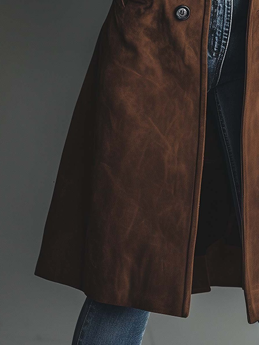 Women’s Long Button-Front Trench-Style Coat with Notched Lapels, source view 2
