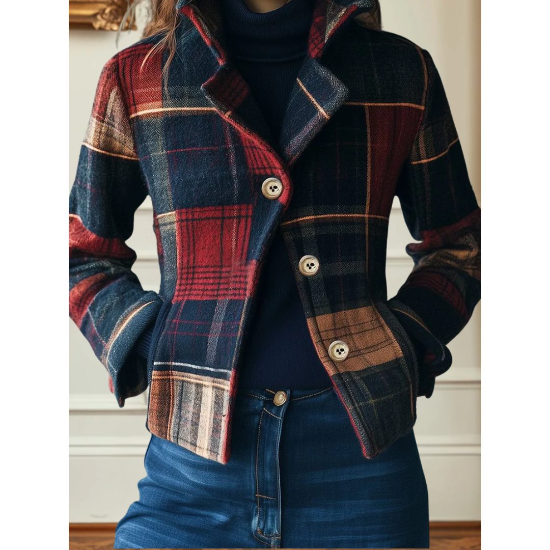 Women’s Plaid Single-Breasted Blazer with Notched Lapels, source view 1
