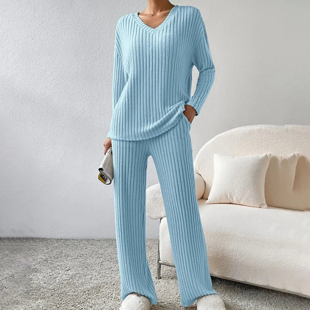 Women’s Ribbed V-Neck Sweater and Wide-Leg Pants Set, source view 6