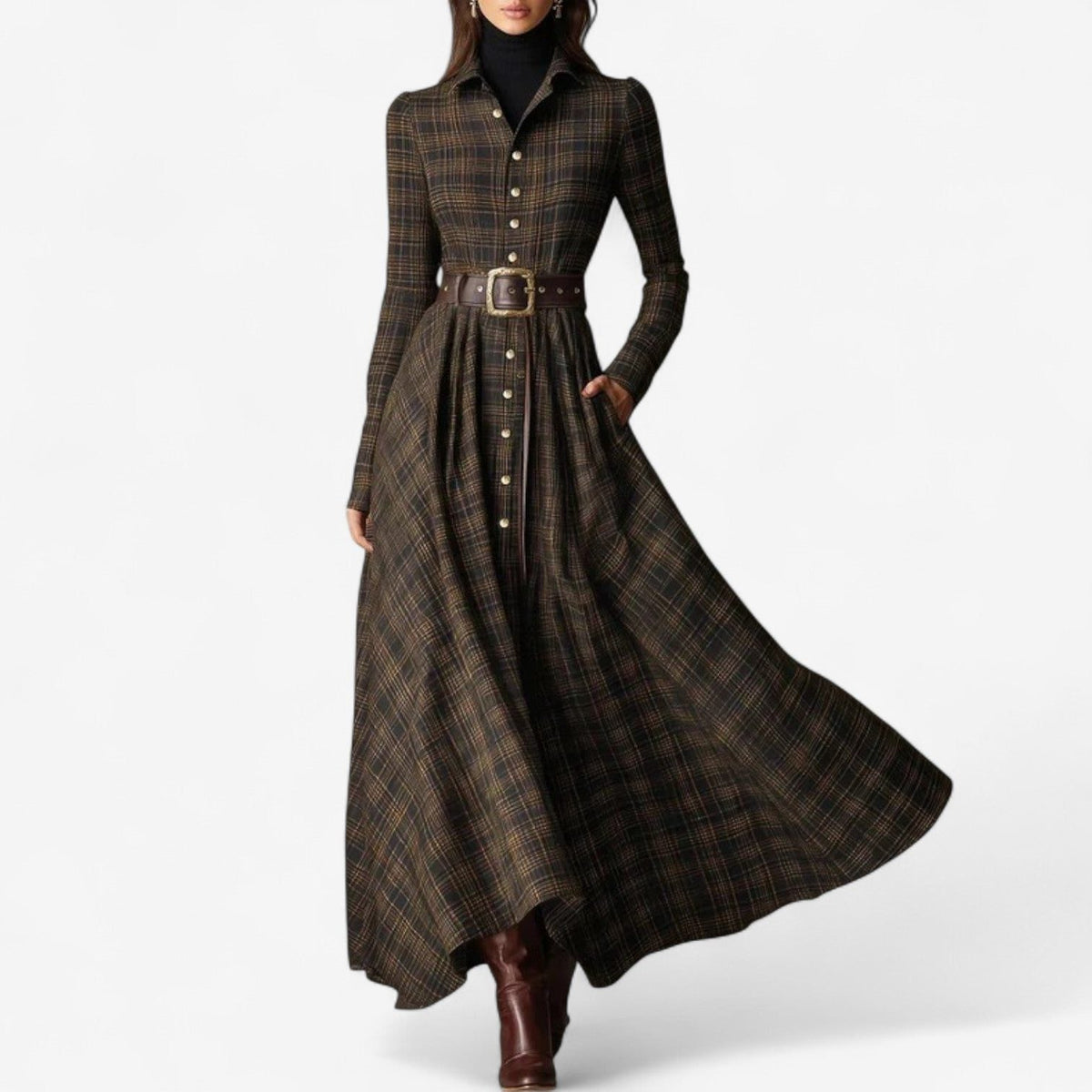 Melissa | Women's Plaid A-Line Maxi Dress with Long Sleeves